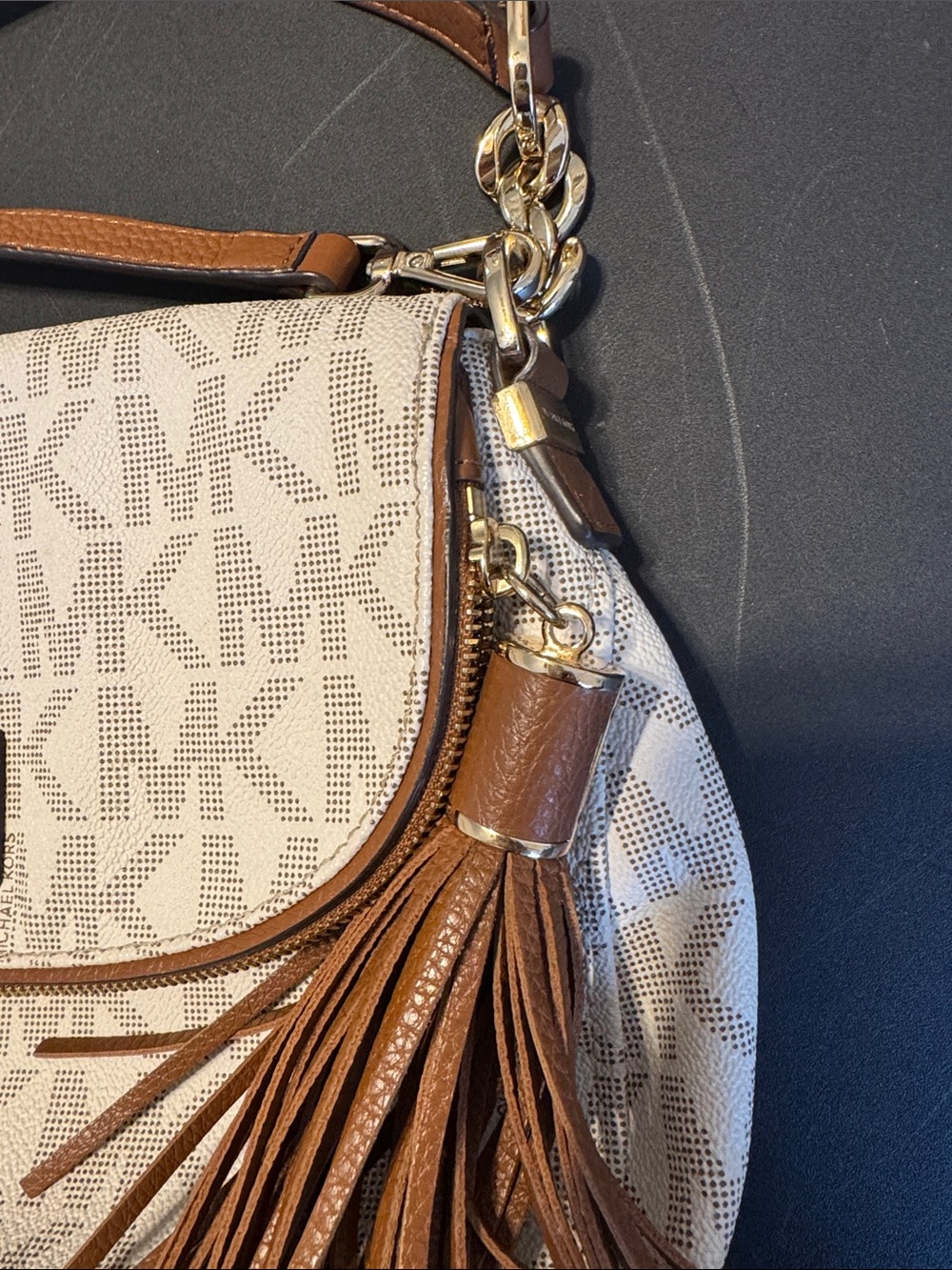 Michael Kors Beige Logo Crossbody with Brown Leather Trim and Tassel - Picture 5 of 5